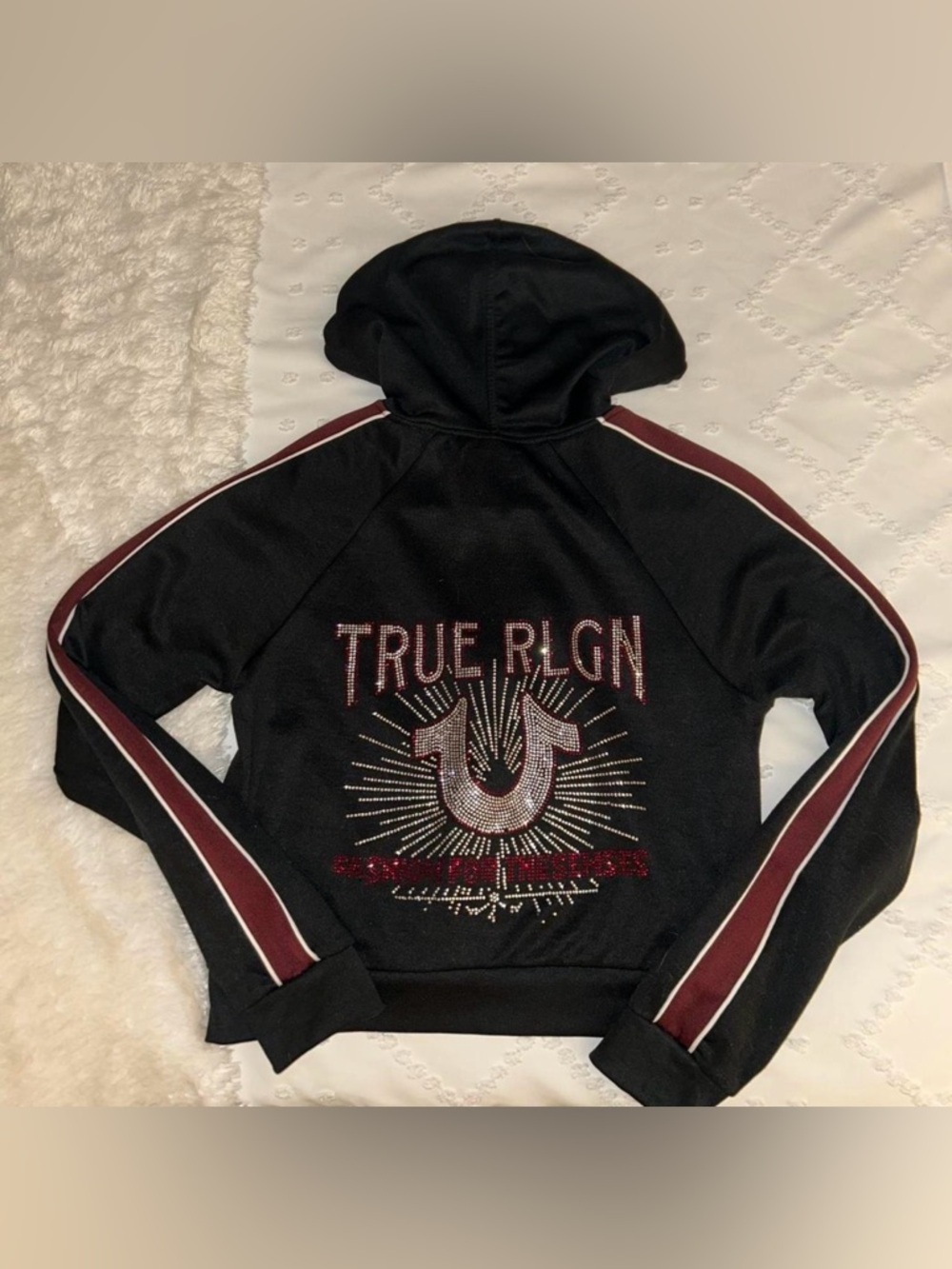 True Religion Black Hoodie with Burgundy Drawstrings and Rhinestone Logo